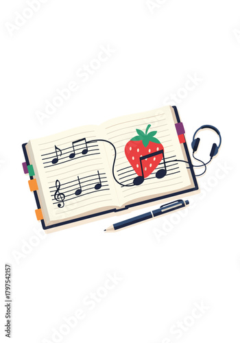 Open notebook with musical notes and a strawberry connected to headphones and a pen.