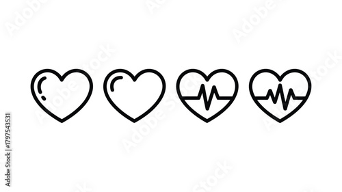 Set of heart icons simple line art vector design for medical and health related projects isolated on white background