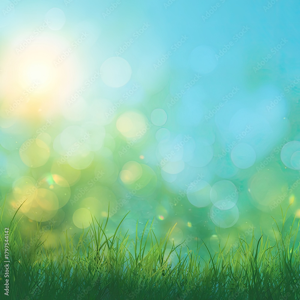 Fototapeta premium Bokeh meadow grass, sun, and blurry sky
