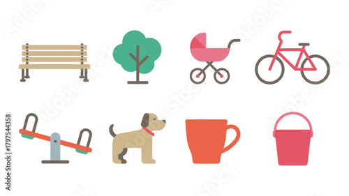 Isolated Icon Set Featuring a Bench, Tree, Pram, Bicycle, SeeSaw, Dog, Cup, and Bucket