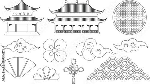 Line Art Depicting Chinese Pagodas, Cloud Motifs, Knot, Flower, Fan, Geometric Circle, and Wave Pattern
