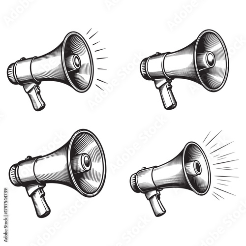 Collection of four vintage megaphone illustrations with sound waves emanating from them