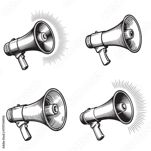 Four vintage style illustrations of megaphones in different orientations and perspectives