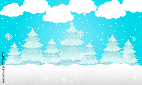 Winter Wonderland Snowy Trees and Clouds Illustration for Holiday Greetings and Festive Decorations, evoking feelings of Serenity & Warmth