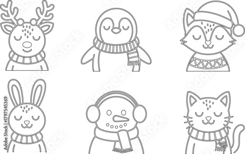 Line Art Winter Animals Deer, Penguin, Fox, Rabbit, Snowman, and Cat Coloring Page