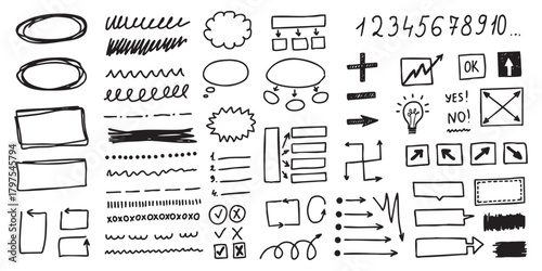 A large set of hand-drawn doodles featuring arrows, circles, frames, highlights, numbers, symbols, lines, bullet points, thought bubbles, and sketch elements.