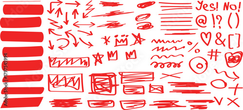 Highlighters collection - brush stroke, marker lines, arrows, round, underlines. Collection of red brush strokes and abstract shapes on black background. A diverse assortment of red brush strokes, lin