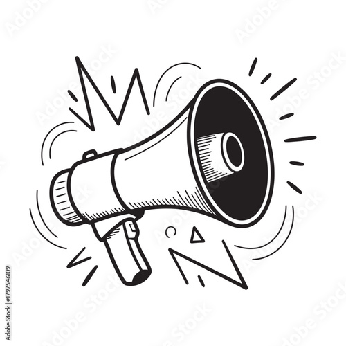 A vintage megaphone emitting sound waves and energy bursts in a bold graphic illustration style