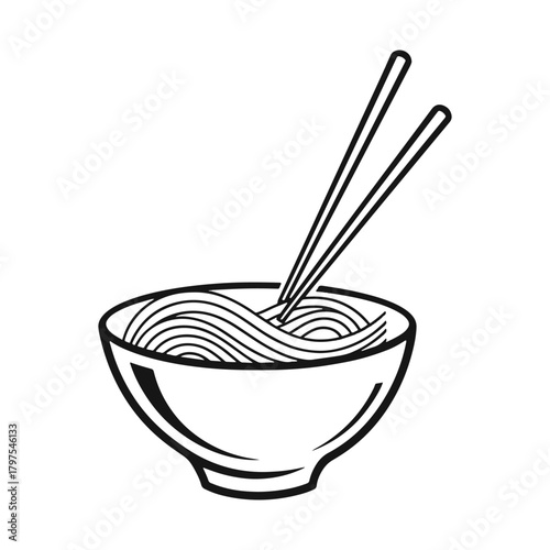 Black and white illustration of noodles in a bowl with chopsticks food asian