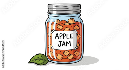 Delicious Apple Jam Preserved in a Glass Jar with a Fresh Green Leaf on the Side