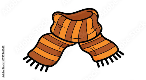 A warm knitted striped scarf in orange and brown tones, depicted as a cozy winter clothing accessory in a simple cartoon illustration style