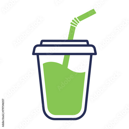 Green liquid in a dark blue outlined cup with a green striped straw drink beverage