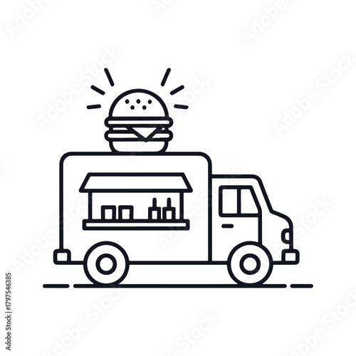 Black outline food truck with burger icon on top and serving window vector