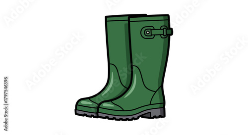 Green rubber boots illustration for rainy days, outdoor activities and farm life