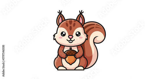Cute and playful cartoon squirrel illustration, holding a single acorn, perfect for children's books, nature designs, and educational content in a friendly style