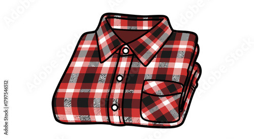 Folded Red and Black Plaid Flannel Shirt with Pocket Detail, Casual Wear Illustration