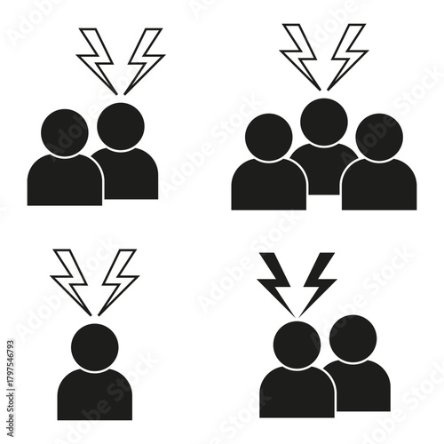 Conflict people icons. Group disagreement symbol. Social tension Vector. Head lightning strike.