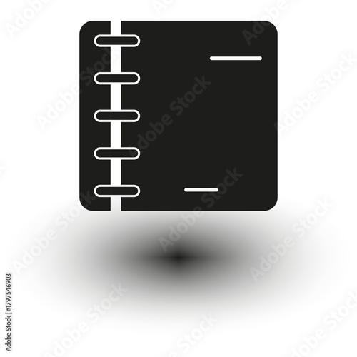 Notebook paper organizer. Simple diary journal. Black object Vector. Isolated book shadow.