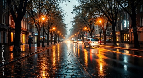 Autumn street scene reflecting lights on a rainy day - Fall background
