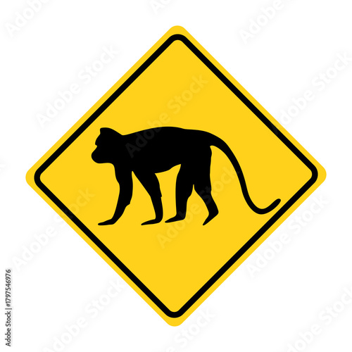 Canvas Print Beware of monkey sign, Monkey Crossing Sign, Safety sign beware of wild animals, Drive slowly for animal safety