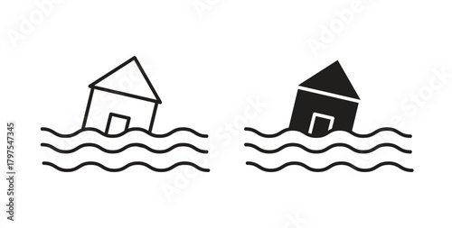 Flooded house icons with simple flat and thin stroke style