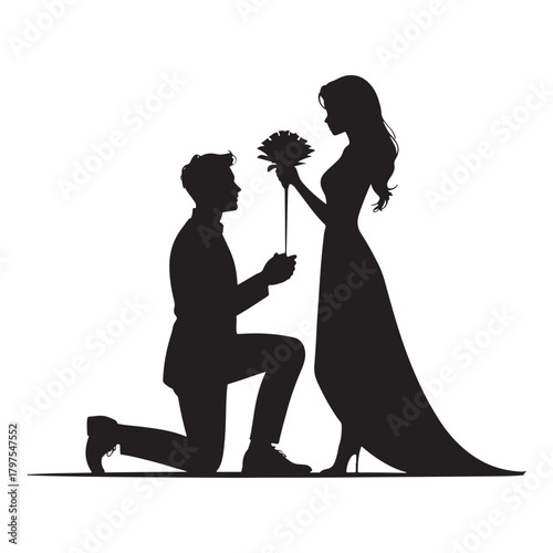 Silhouette of a man proposing to a woman with a flower for design and decoration