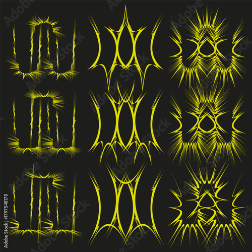 Abstract spike ornament. Bright yellow Vector. Dark background design. Nine tribal elements.
