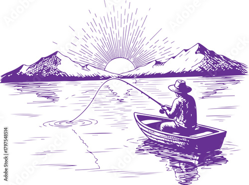 Serene mountain lake fishing scene at sunrise with a lone angler vector illustration