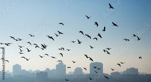 Flock of birds soaring high above city buildings at dawn or dusk