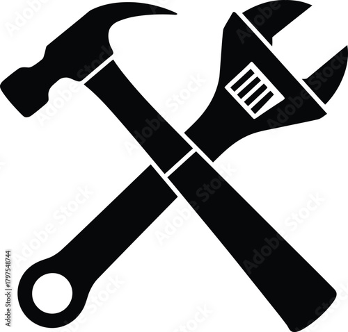 “Hammer and Wrench Icon – Crossed Tools Silhouette Vector for Repair & Construction”
