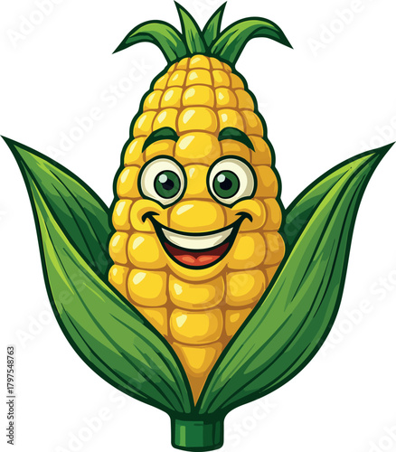 Happy cartoon corn mascot with green leaves, smiling yellow maize character illustration vector art

