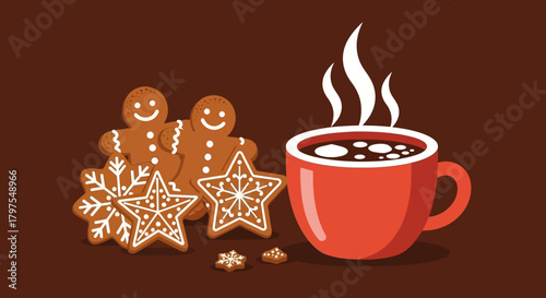 Create festive cheer with this tempting scene of gingerbread cookies and hot chocolate. Perfect for holiday greetings, recipe blogs, and Christmas celebrations!