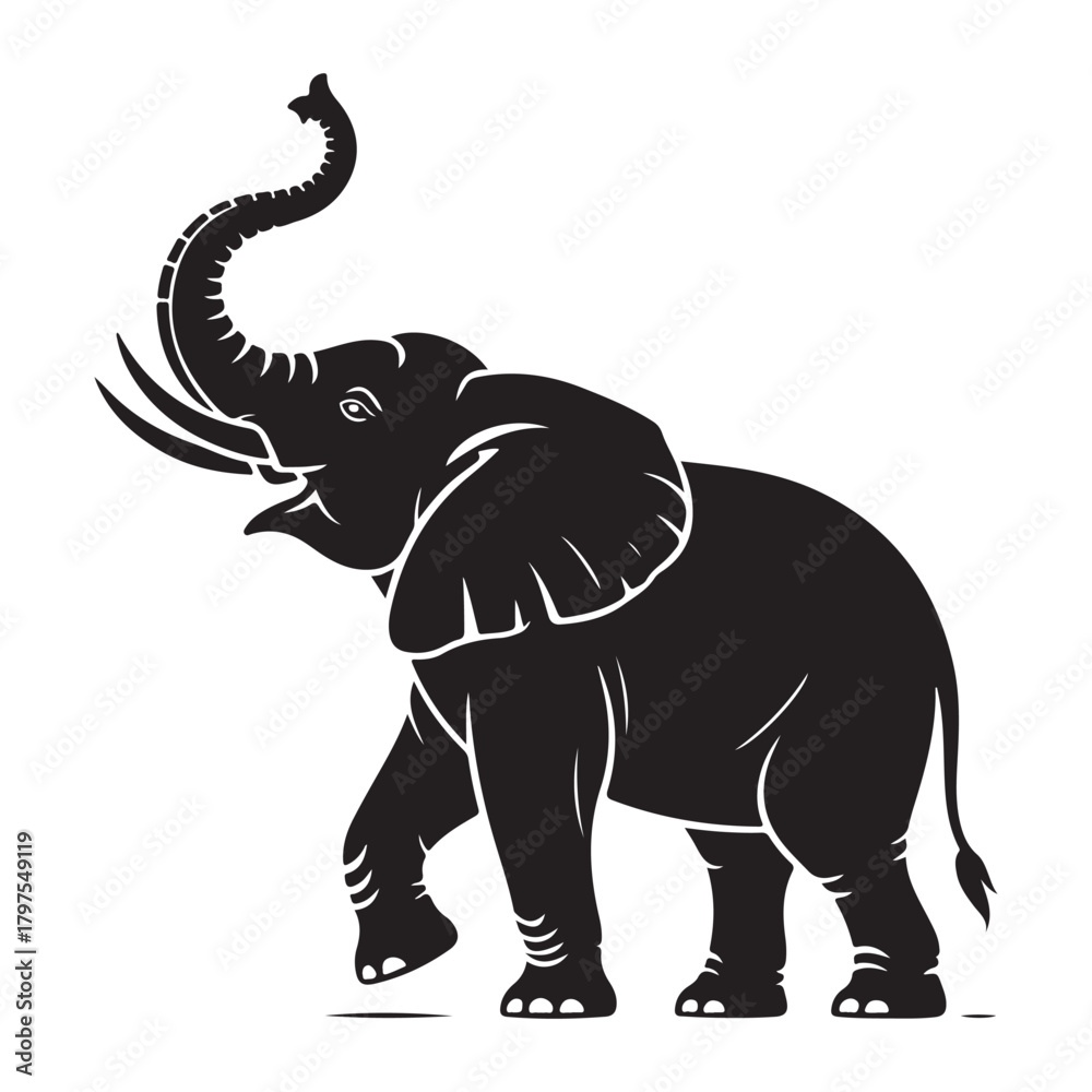Fototapeta premium Silhouette of an african elephant with its trunk raised for design and decoration purposes