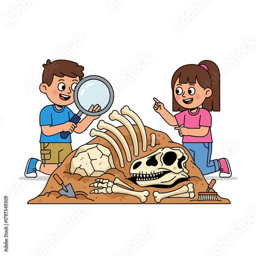 Cartoon children excavating a dinosaur fossil, boy with magnifying glass, girl pointing, discovering ancient bones.