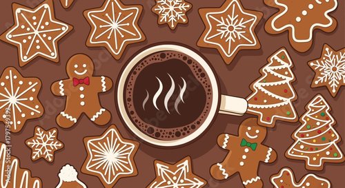 Evoke the warmth of the holidays with this charming scene of gingerbread cookies and hot cocoa. Perfect for seasonal marketing, festive recipes, and holiday greeting cards.