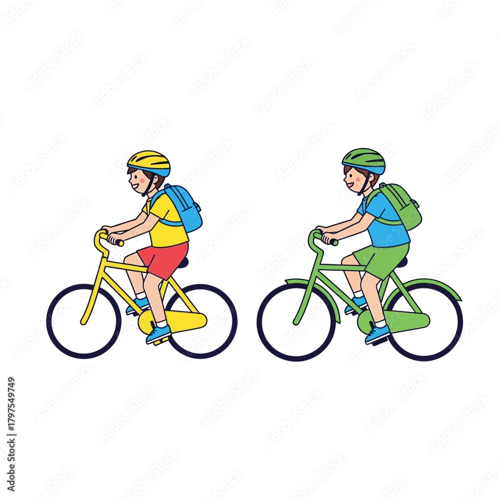 Fototapeta premium Two boys riding bicycles with helmets and backpacks, side view, cartoon style.