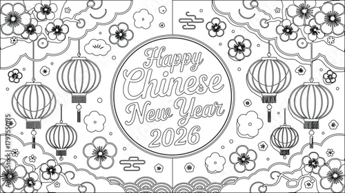 Happy Chinese New Year 2026 Line Art Featuring Lanterns, Plum Blossoms, and Ornamental Clouds for Coloring