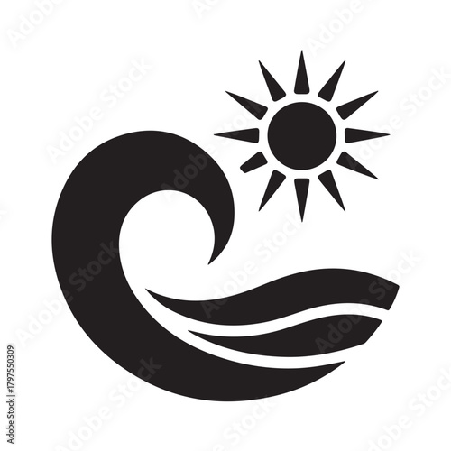 Silhouette of a wave and sun, symbolizing nature, ocean, summer, and vacation