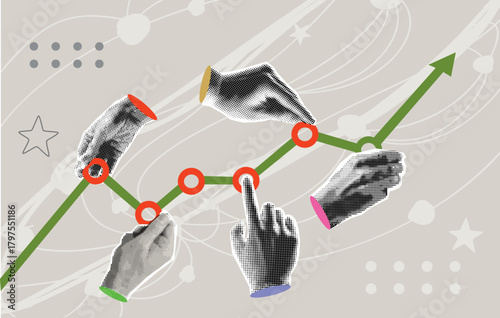 Data analytics concept. Halftone hands hold sales graph. Modern collage design. Pop art. Growth chart. Successful business performance. Financial success. Achieving high results