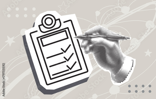 Trendy Halftone collage, with a checklist on a white sheet of paper. Hand holding a pen and writing. Check list, to do. Document. Trendy modern retro illustration in mixed technique