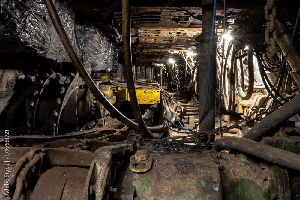 Fototapeta premium Underground coal mining scene with massive industrial machines operating inside long tunnels and narrow galleries. Dim light, heavy equipment, and rough walls show the harsh conditions of subterranean