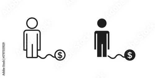 Man with debt icons with simple flat and thin stroke style