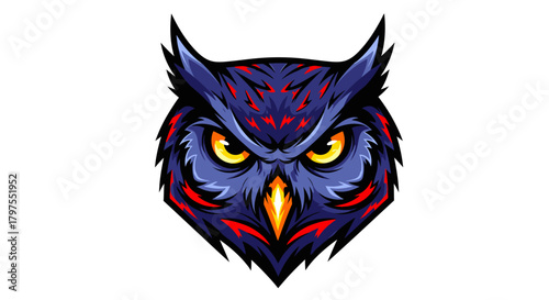 A detailed illustration of an owl's face, featuring vibrant colors and intricate patterns.