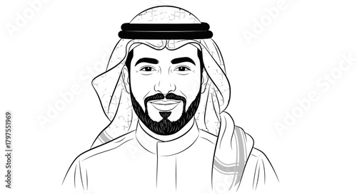 Illustration of a man wearing a traditional Arab headdress and beard, smiling slightly.