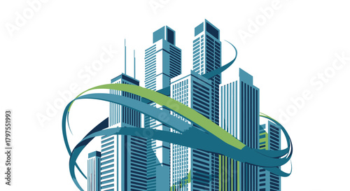 Modern skyscrapers with flowing green and blue ribbons symbolizing growth and progress in urban development.