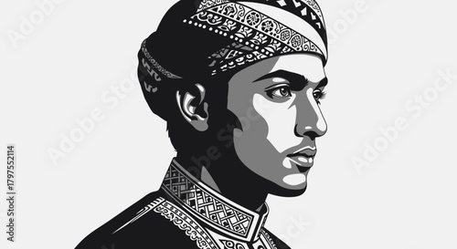 A striking black and white graphic portrait of a young man wearing a traditional patterned headdress.