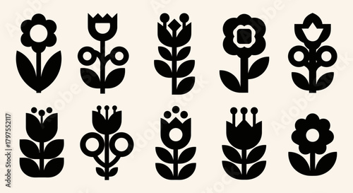 A collection of ten stylized black floral illustrations on a beige background.