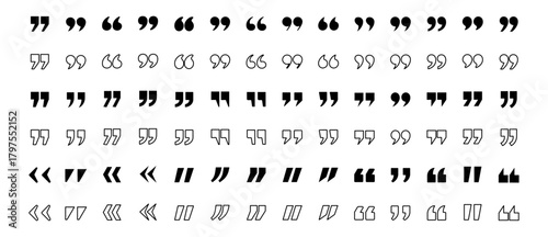 Quotation marks icon set, double quote symbol vector illustration, black quote icons in line and flat style, discussion and dialog remark signs, open and close quote symbols, vector graphic on transpa