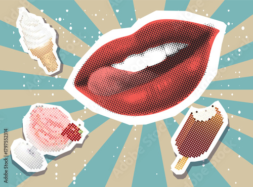 Trendy Halftone collage, with ice cream desserts tasty  and woman mouth face lick lips tempting huger delicious meal
