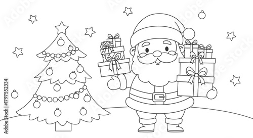 A charming coloring page featuring Santa Claus holding gifts next to a decorated Christmas tree in a snowy scene.